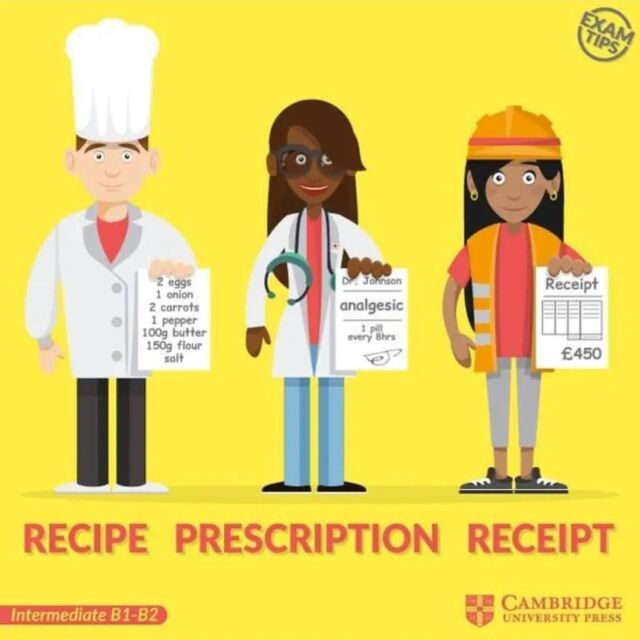 Algunes paraules podem confondre-les com aquestes... recepta (menjar), recepta (metge/a) i rebut

Credit: @cambridgespain