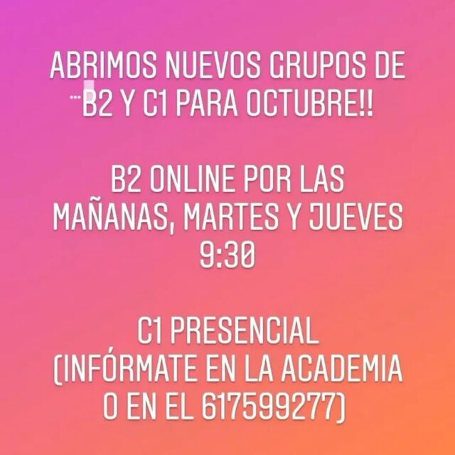 Aprovecha y apúntate a nuestros nuevos cursos B2 y C1. 
#learnenglish 
#lavilajoiosa